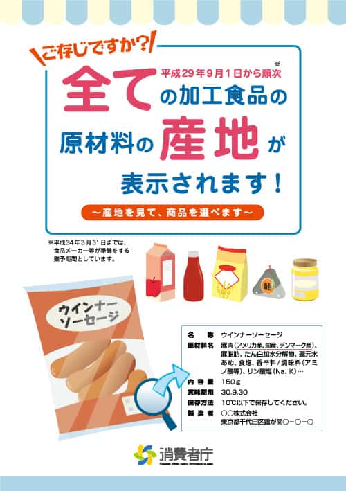 平成29年9月1日から順次全ての加工食品の原材料の産地が表示されます。